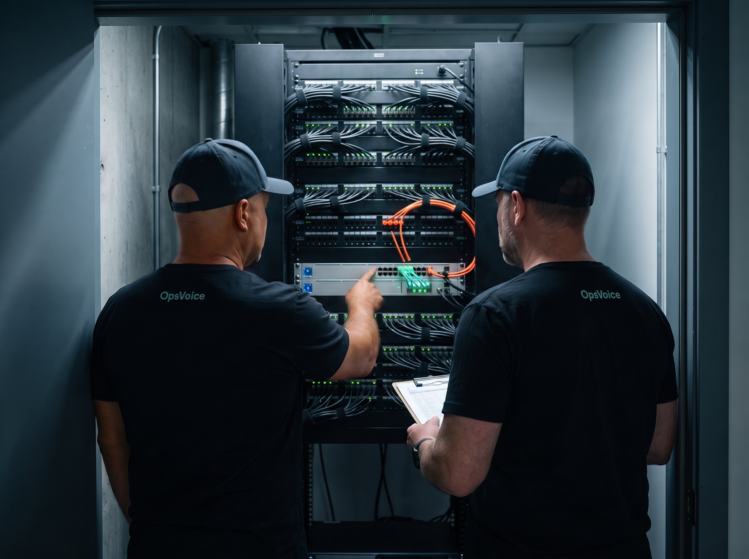 Two OpsVoice technicians working at a neatly organized network rack in a utility closet